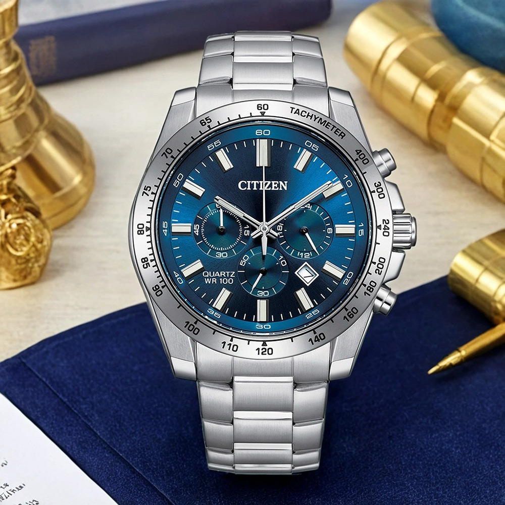 CITIZEN 星辰 Chronograph 紳男三眼計時手錶 百貨周年慶-銀x藍/44mm AN8230-59M