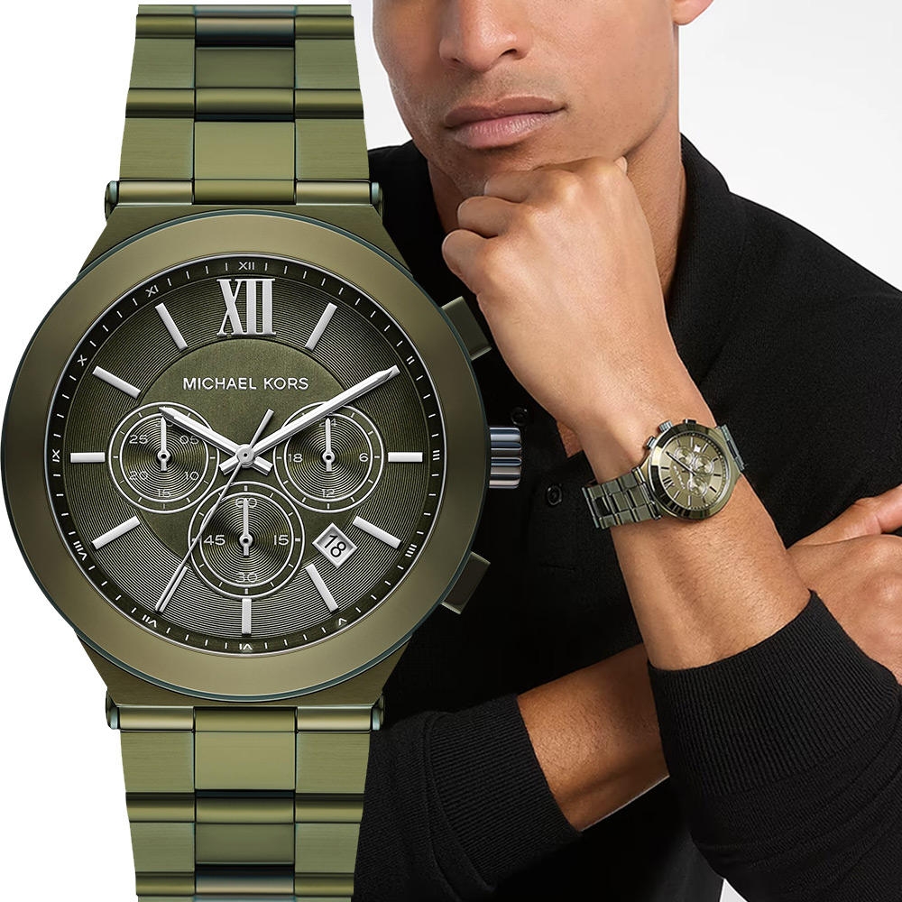 Michael Kors MK Oversized 羅馬三眼計時手錶 男錶-墨綠/44mm MK9268