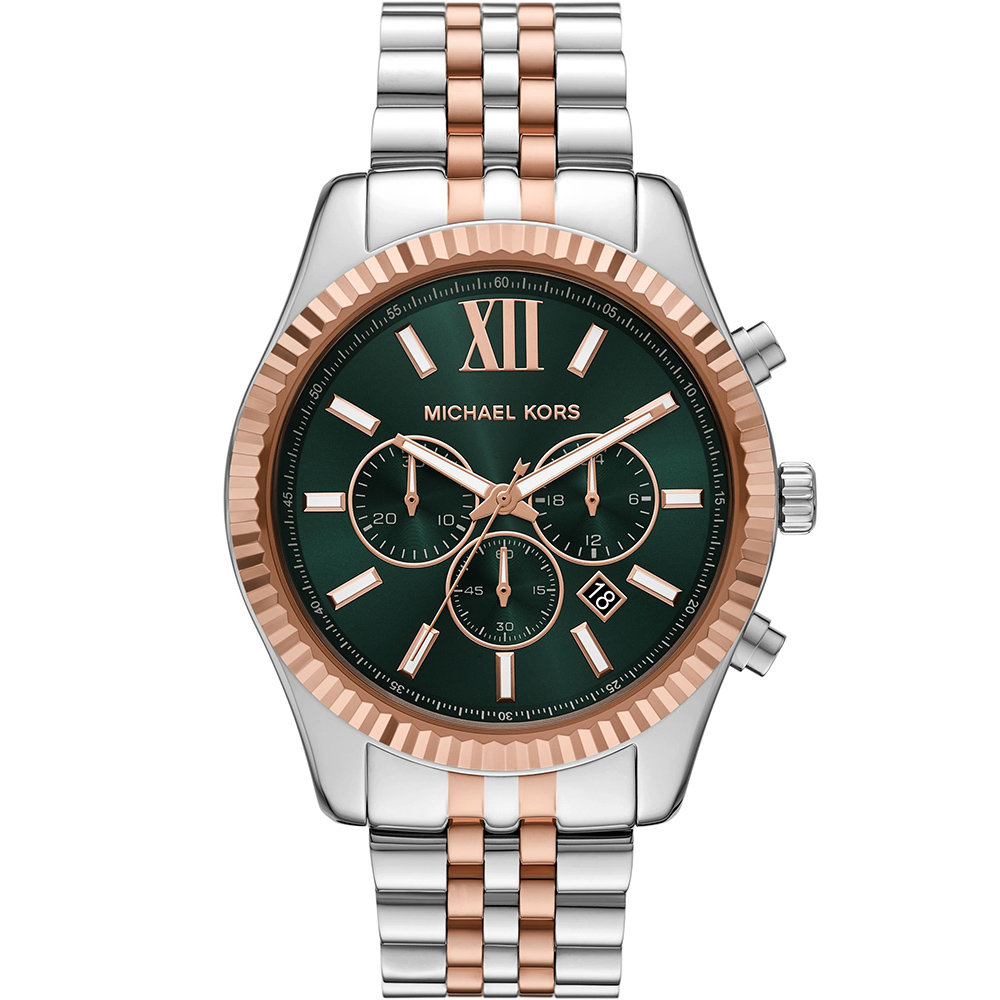 Michael Kors MK Lexington 都會三眼計時手錶 男錶-綠x玫瑰金框/44mm MK9265