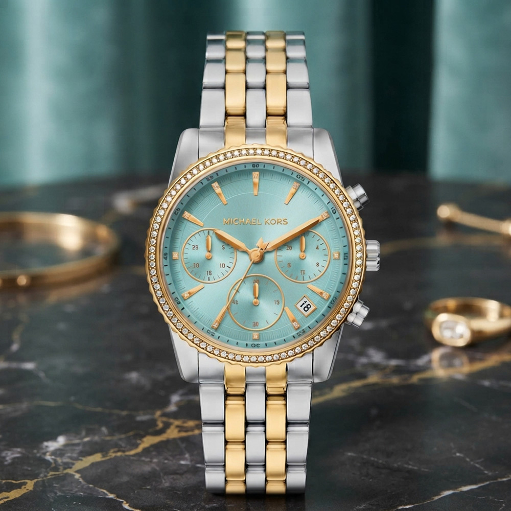 Michael Kors MK Bryant Pave 晶鑽三眼計時女錶-湖水藍/35mm MK7582