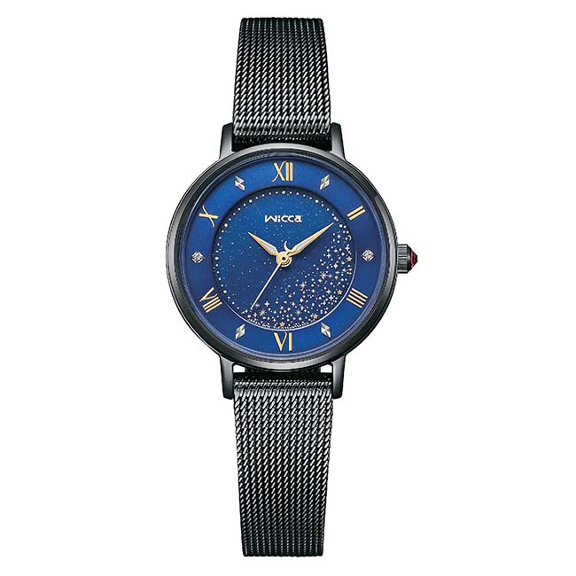 CITIZEN 星辰 Wicca 蔚藍星空 KP3-449-71 羅馬字 太陽能 米蘭錶帶女錶 藍/黑 28mm
