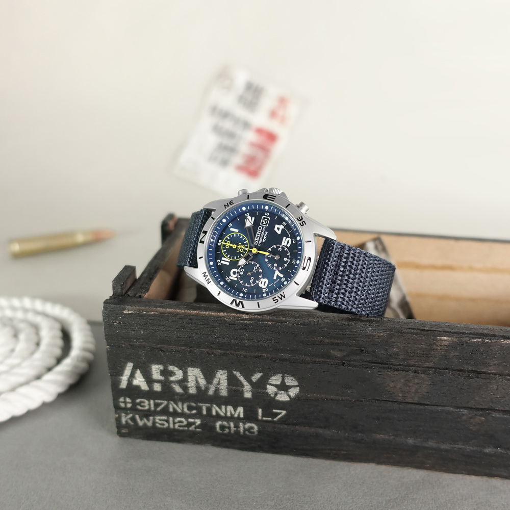 SEIKO 精工 / SND379R / 三眼計時 防水100米 尼龍帆布手錶 藍x銀框 38mm