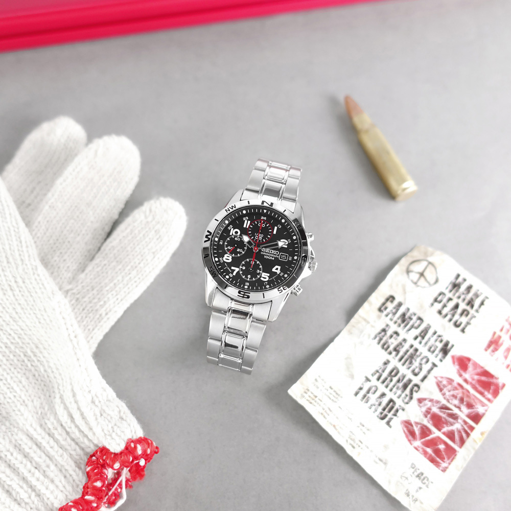 SEIKO 精工 / SND375P / 數字刻度 三眼計時 日期 防水100米 不鏽鋼手錶 黑色 38mm
