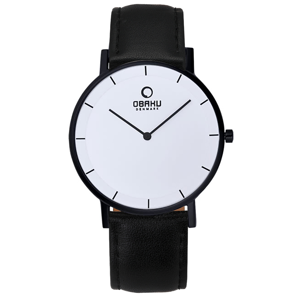 OBAKU 纖薄哲學二針時尚腕錶-黑帶黑框白-大