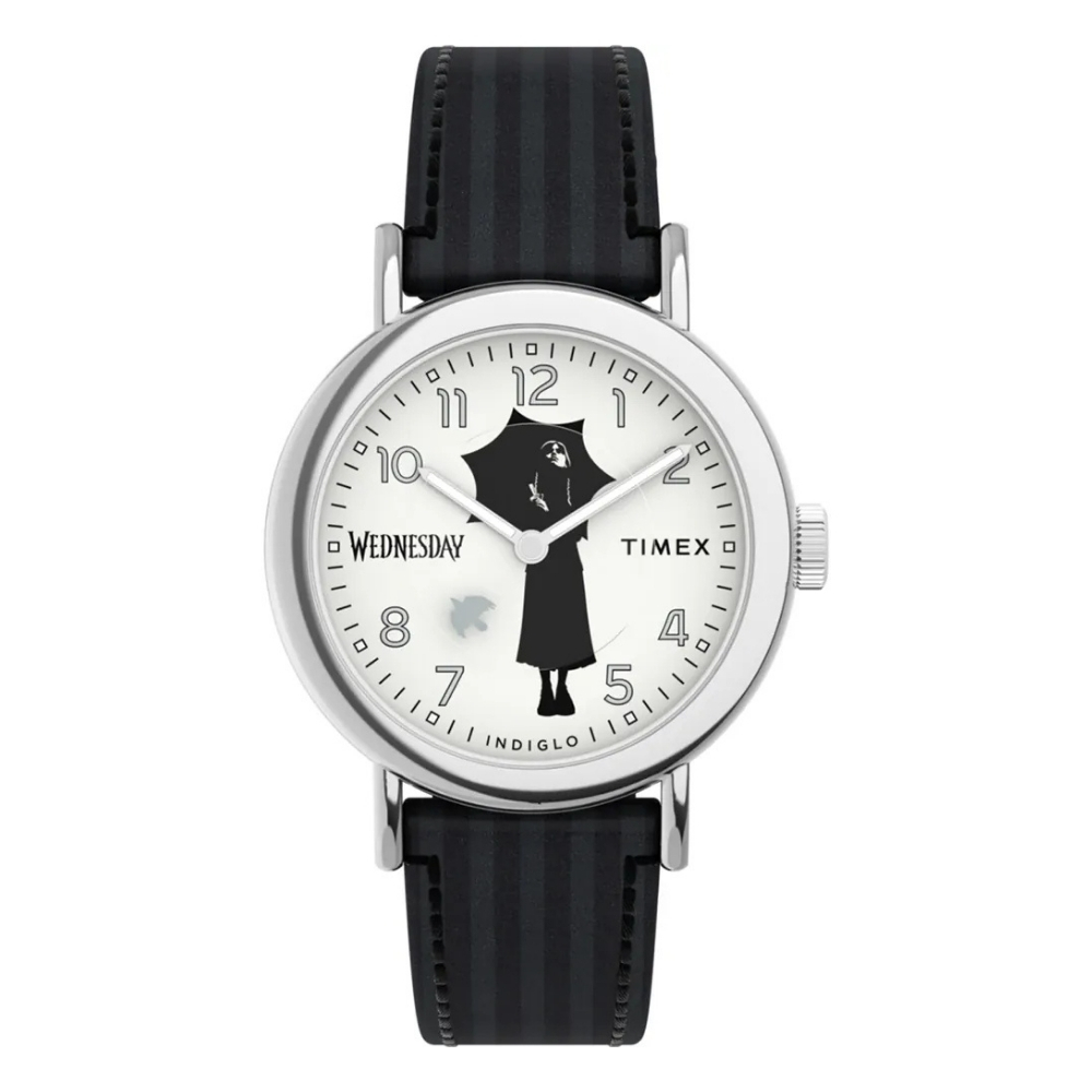 TIMEX 天美時 x Wednesday 37毫米 熱門影集《星期三》聯名 暗黑風格腕錶(白x黑 TXTW2Y19400)