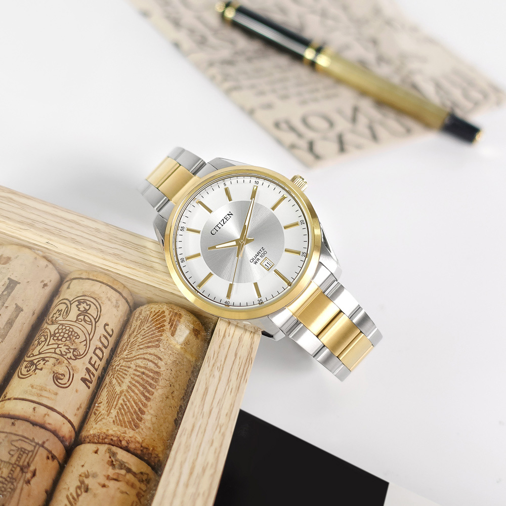CITIZEN 星辰 / BI1036-57A /日期 防水100米 日本機芯 不鏽鋼手錶 銀白x鍍金 42mm
