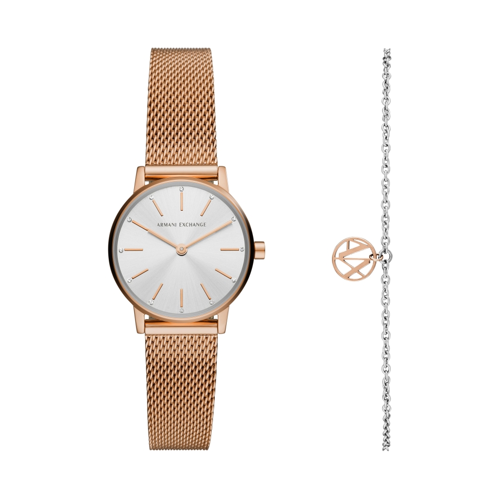 Armani Exchange Lola系列 三針玫瑰金米蘭帶腕錶套組 AX7121