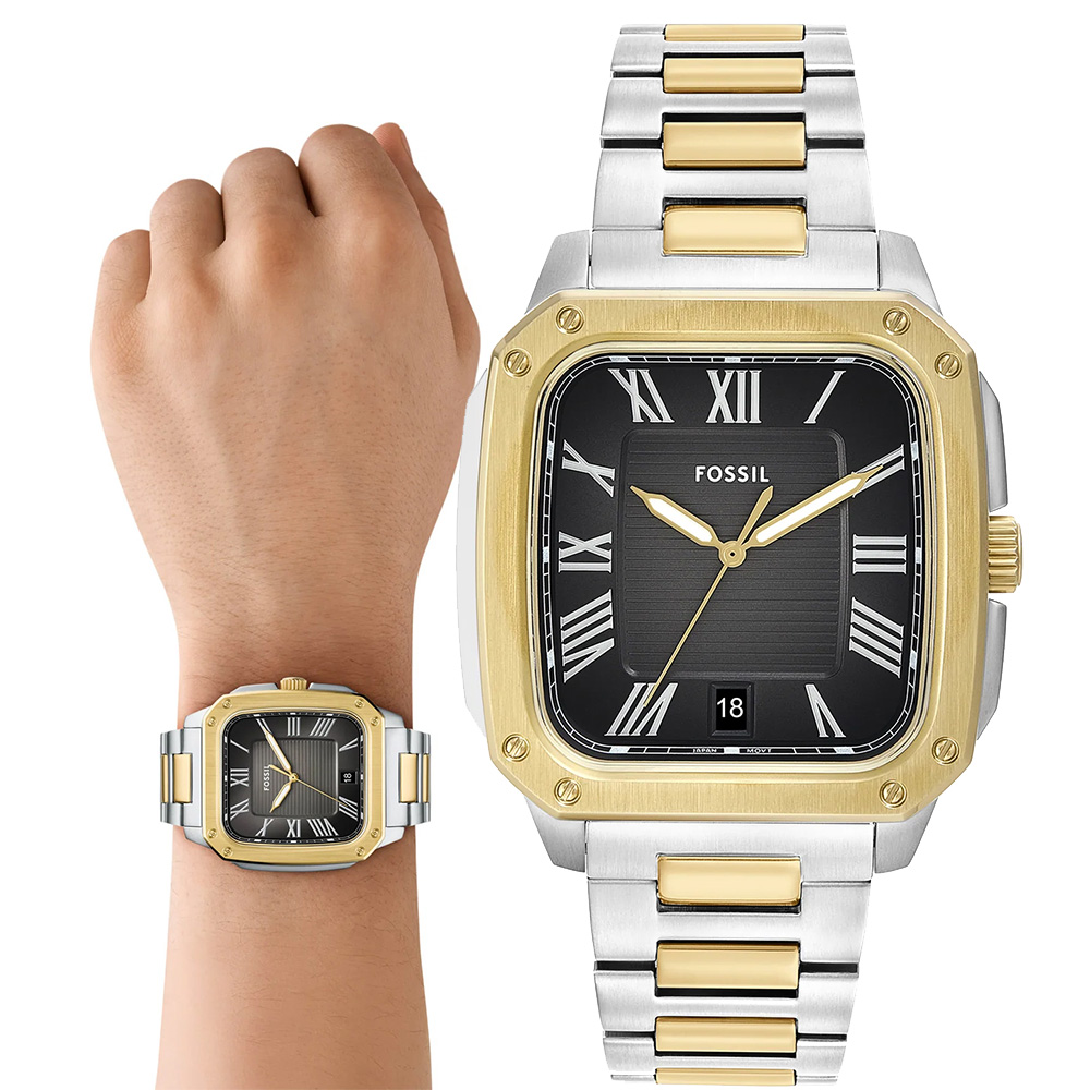 FOSSIL Crosby 工業風羅馬方形手錶-槍灰x半金/42mm FS6123
