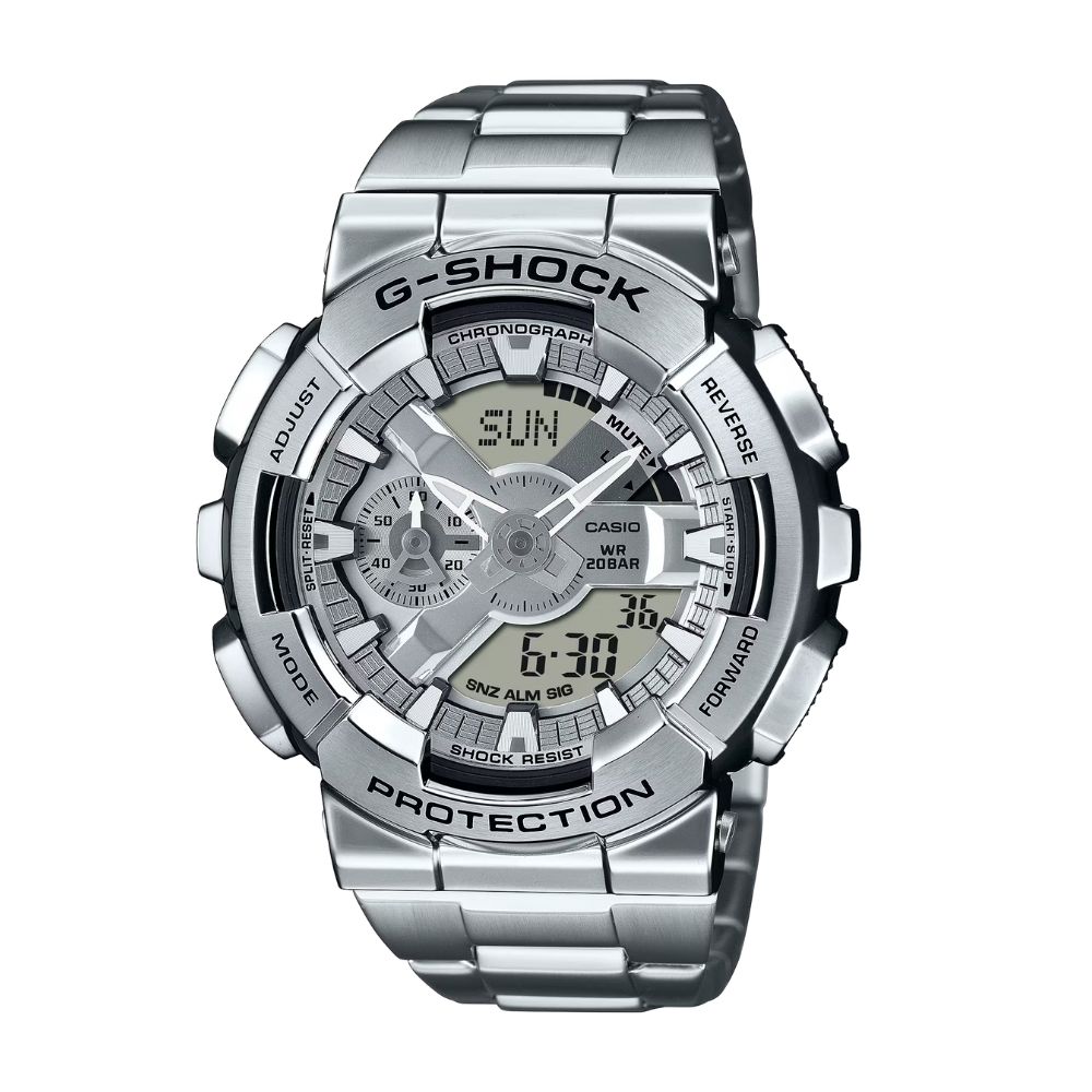 CASIO 卡西歐 G-SHOCK 人氣雙顯 風貌升級 百搭炫銀 金屬錶圈錶帶 GM-110D-8A_48.8mm