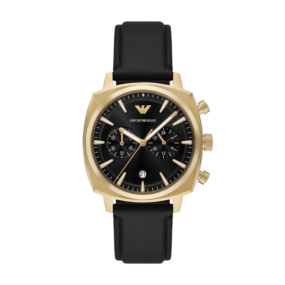EMPORIO ARMANI 經典雙眼計時皮帶腕錶-金X黑
