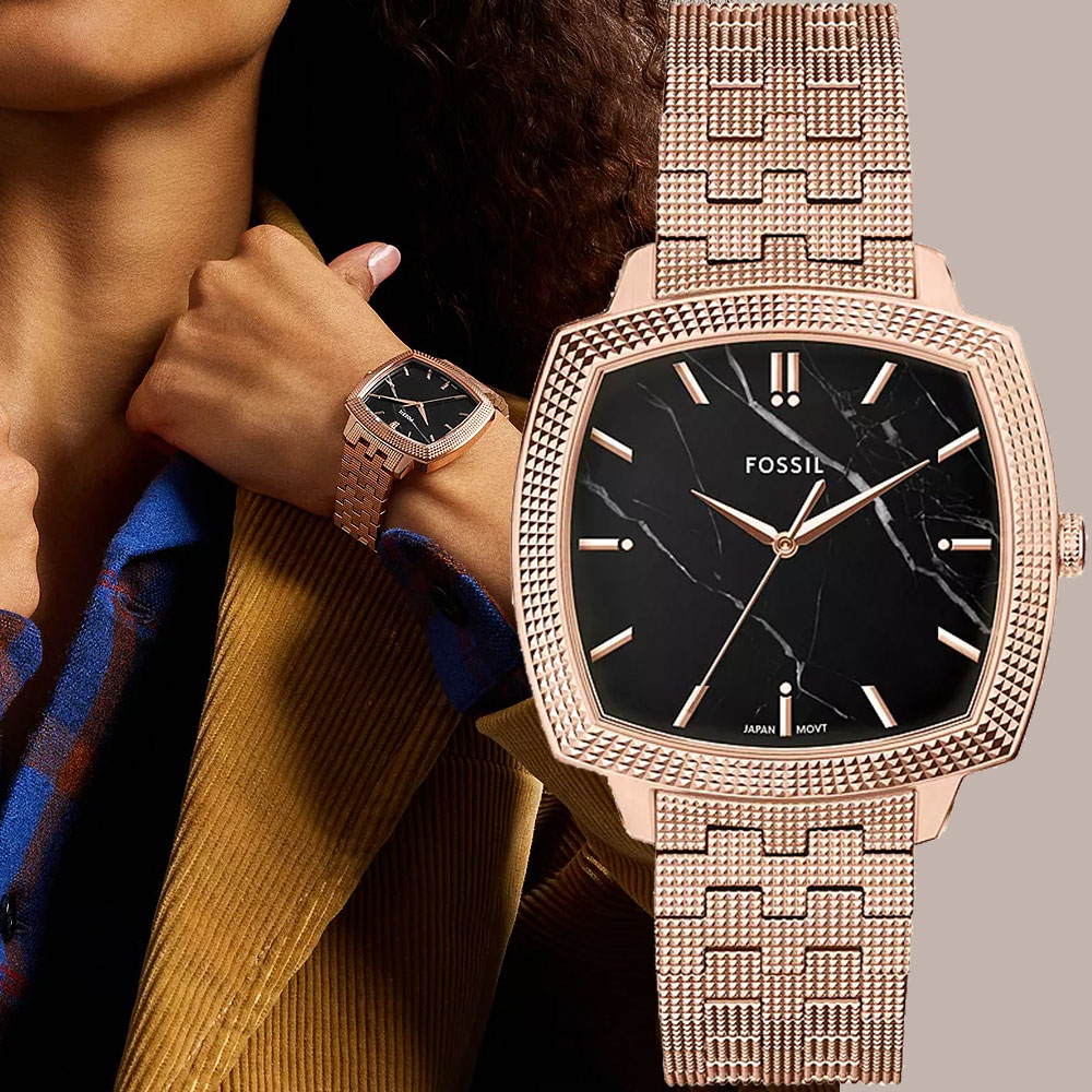 FOSSIL x Nick Jonas 聯名 Machine Luxe系列 大理石面大三針方形手錶-37mm LE1226