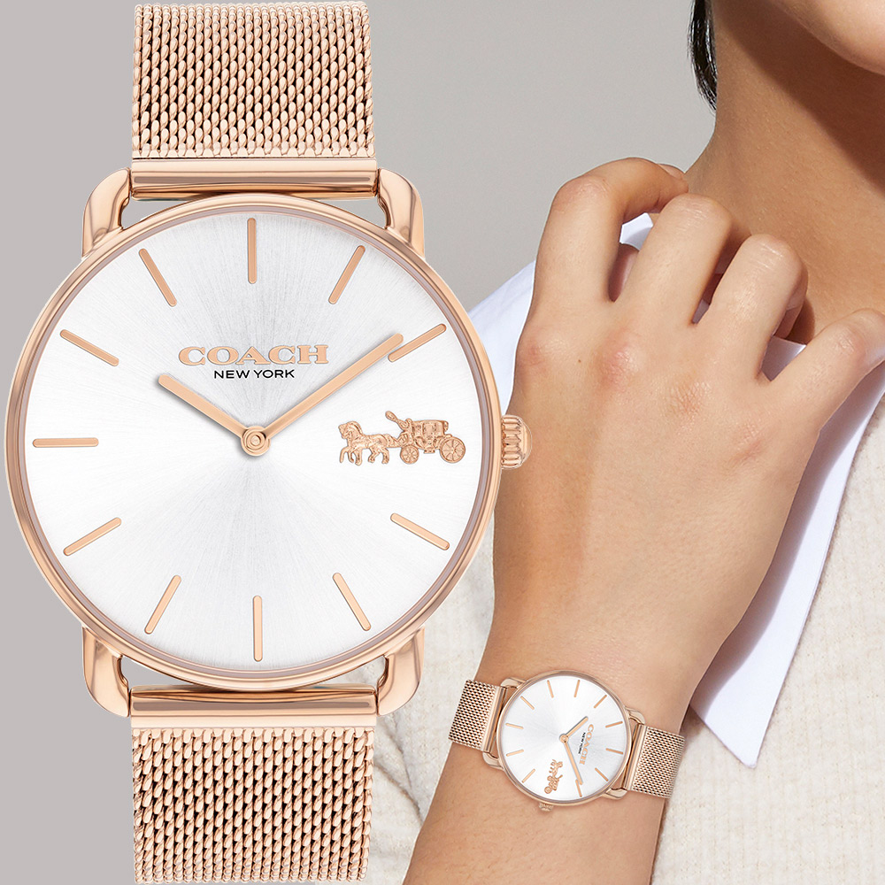 COACH Elliot 經典馬車米蘭帶女錶 手錶-玫瑰金框/36mm CO14504383