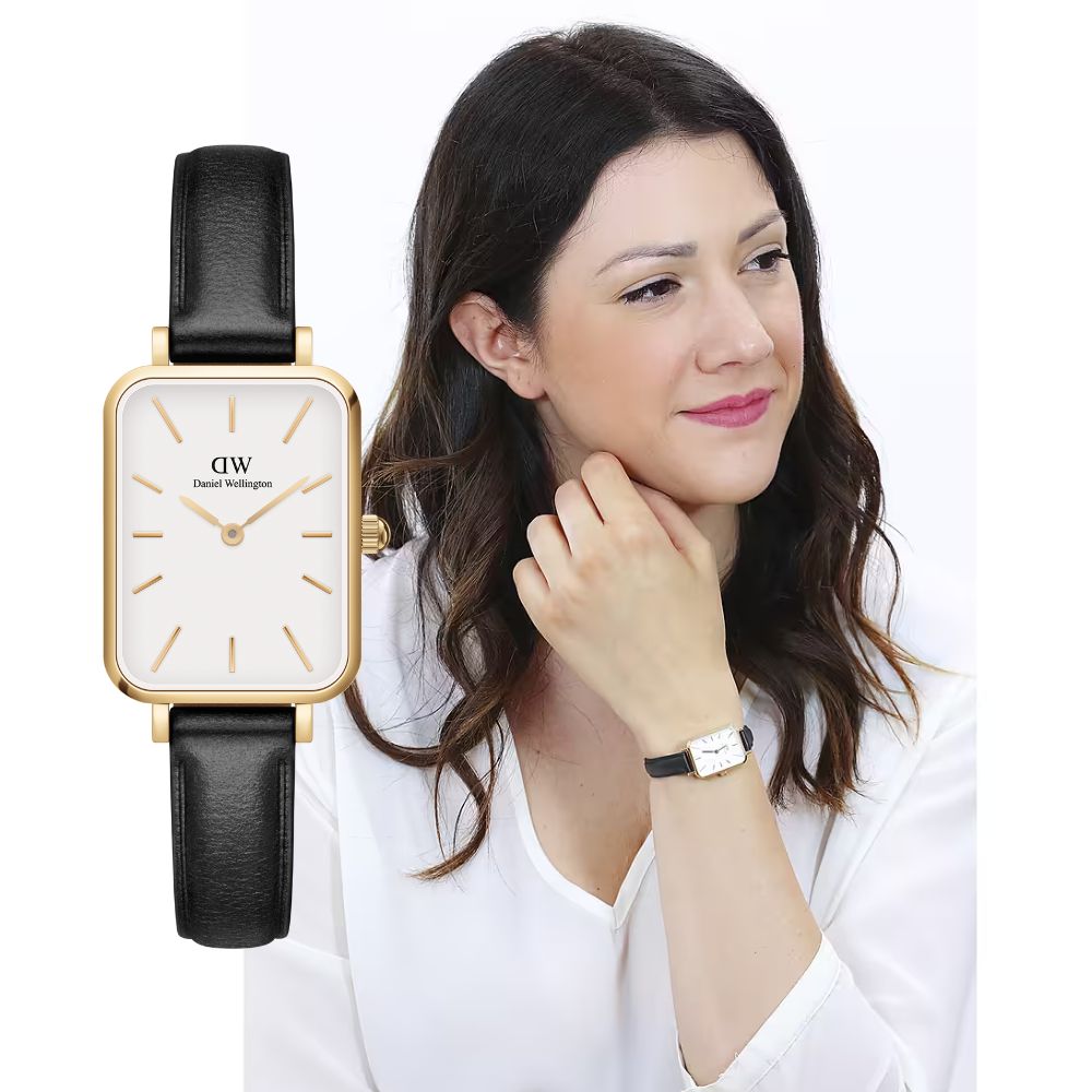 Daniel Wellington DW 手錶 Quadro Sheffield 經典黑真皮皮革小方錶-白錶盤-香檳金框 DW00100559