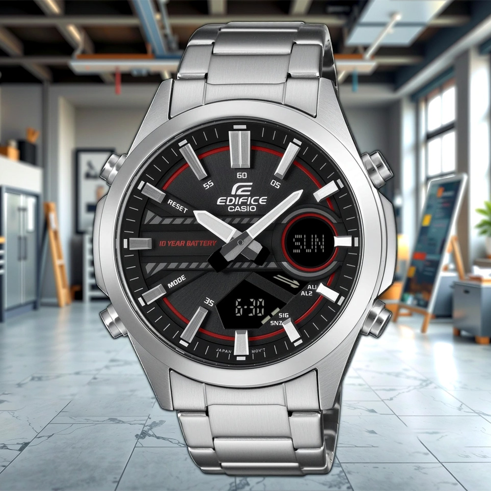 CASIO 卡西歐 EDIFICE 10年電力運動雙顯手錶-黑x銀 EFV-C120D-1A4