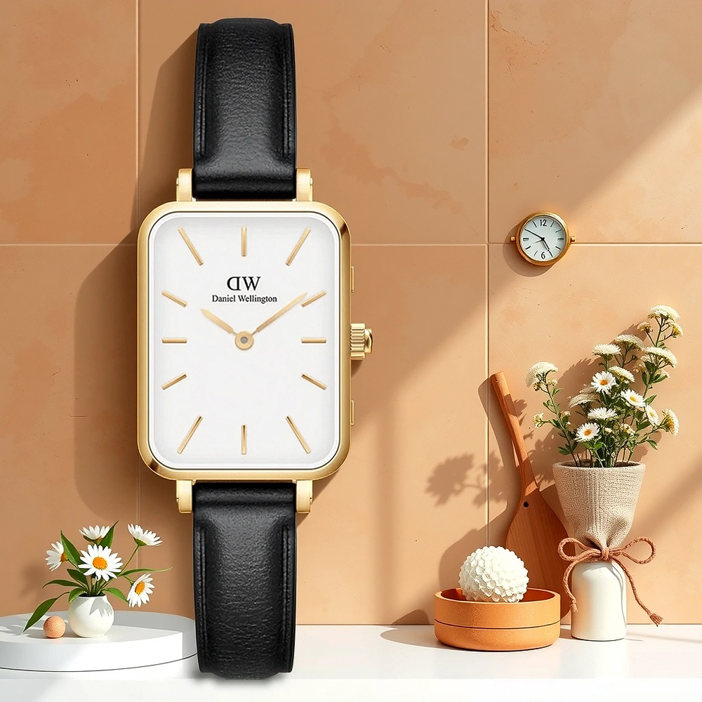 Daniel Wellington DW 女錶-20x26mm/金框x黑皮帶 Quadro Pressed Sheffield 方形典雅手錶 DW00100559