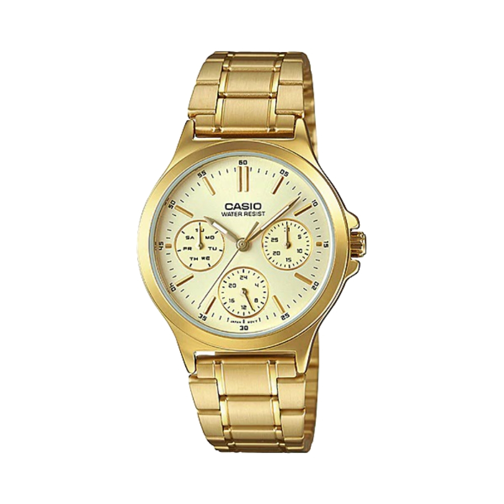 CASIO 卡西歐 三眼鋼帶指針錶/LTP-V300G-9A