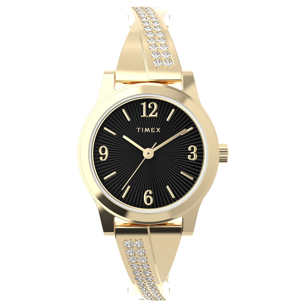 TIMEX 天美時 Main Street 25 毫米 水晶鑲嵌 時尚彈性手環腕錶(黑x金 TXTW2Y39200)