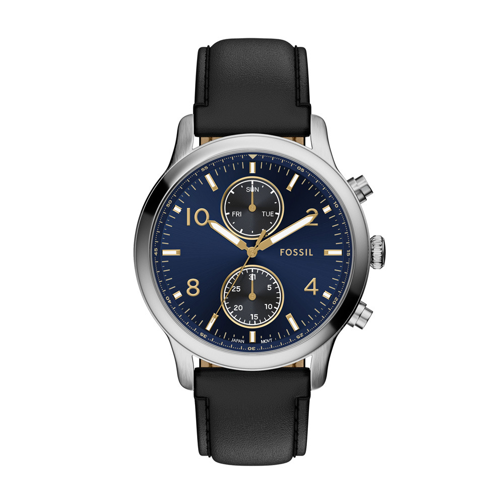 FOSSIL 黑爵紳仕時尚腕錶-銀黑X藍