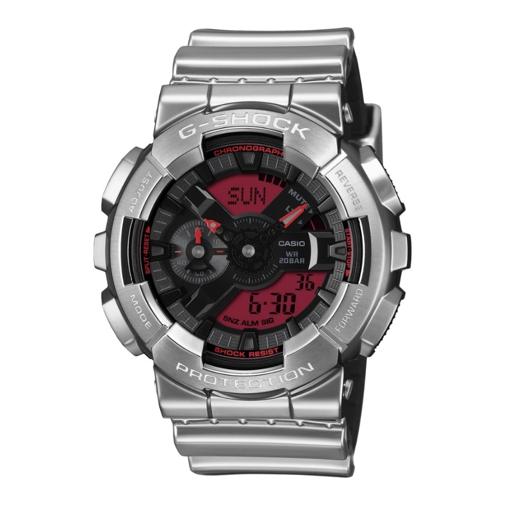 CASIO 卡西歐 G-SHOCK 金屬外殼 精緻有型 紅色點綴 金屬光澤 矽膠錶帶_GM-110YRA-8A_48.8mm