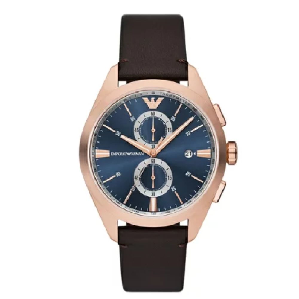 EMPORIO ARMANI 騎士風 三眼玫瑰金皮帶 男錶 AR11554