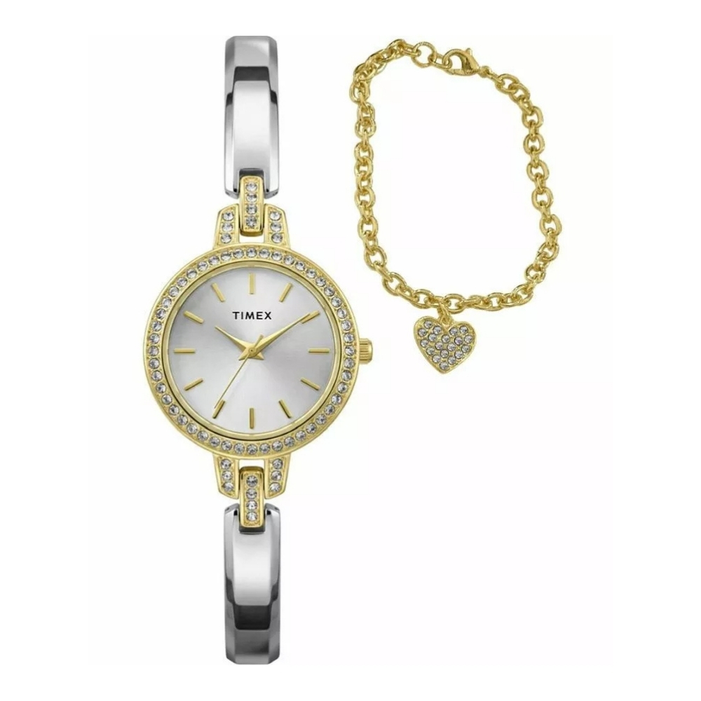TIMEX 天美時 Aveline 28毫米 心型手鍊 腕錶 禮物套裝(金銀 TXTWG067800)