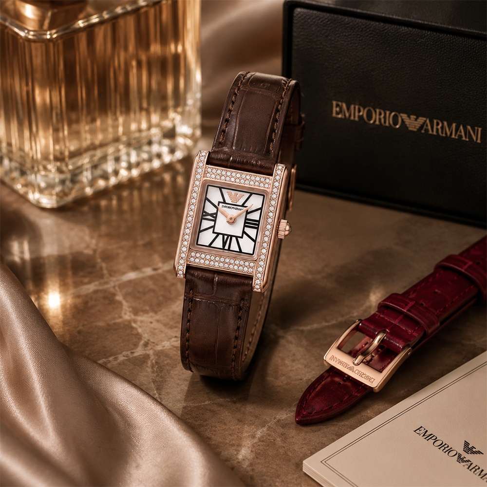 EMPORIO ARMANI AR80083SET 女錶 玫咖皮(附紅色錶帶)日本機芯 珍珠母貝錶盤 20mm小錶徑 手錶
