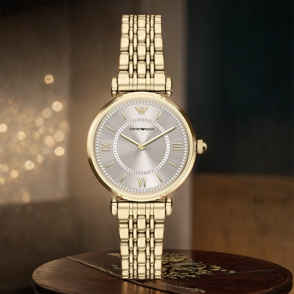 EMPORIO ARMANI 亞曼尼 名媛晶鑽時尚女錶-香檳金/32mm AR11766