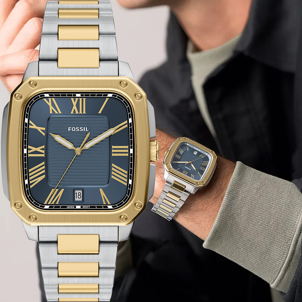 FOSSIL Crosby 工業風羅馬方形手錶-銀x金/42mm FS6161 - PChome 24h購物