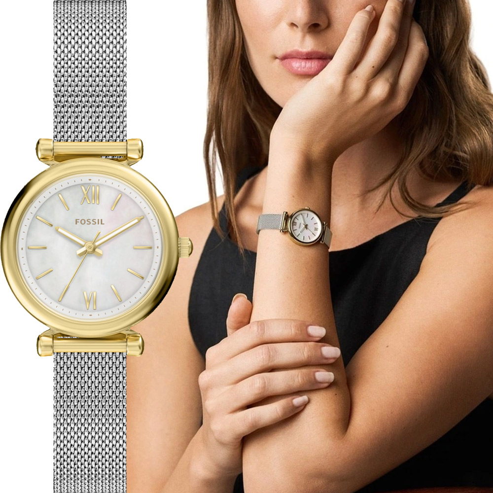 FOSSIL Carlie Mini 簡約大三針珍珠貝米蘭帶女錶-28mm ES5463