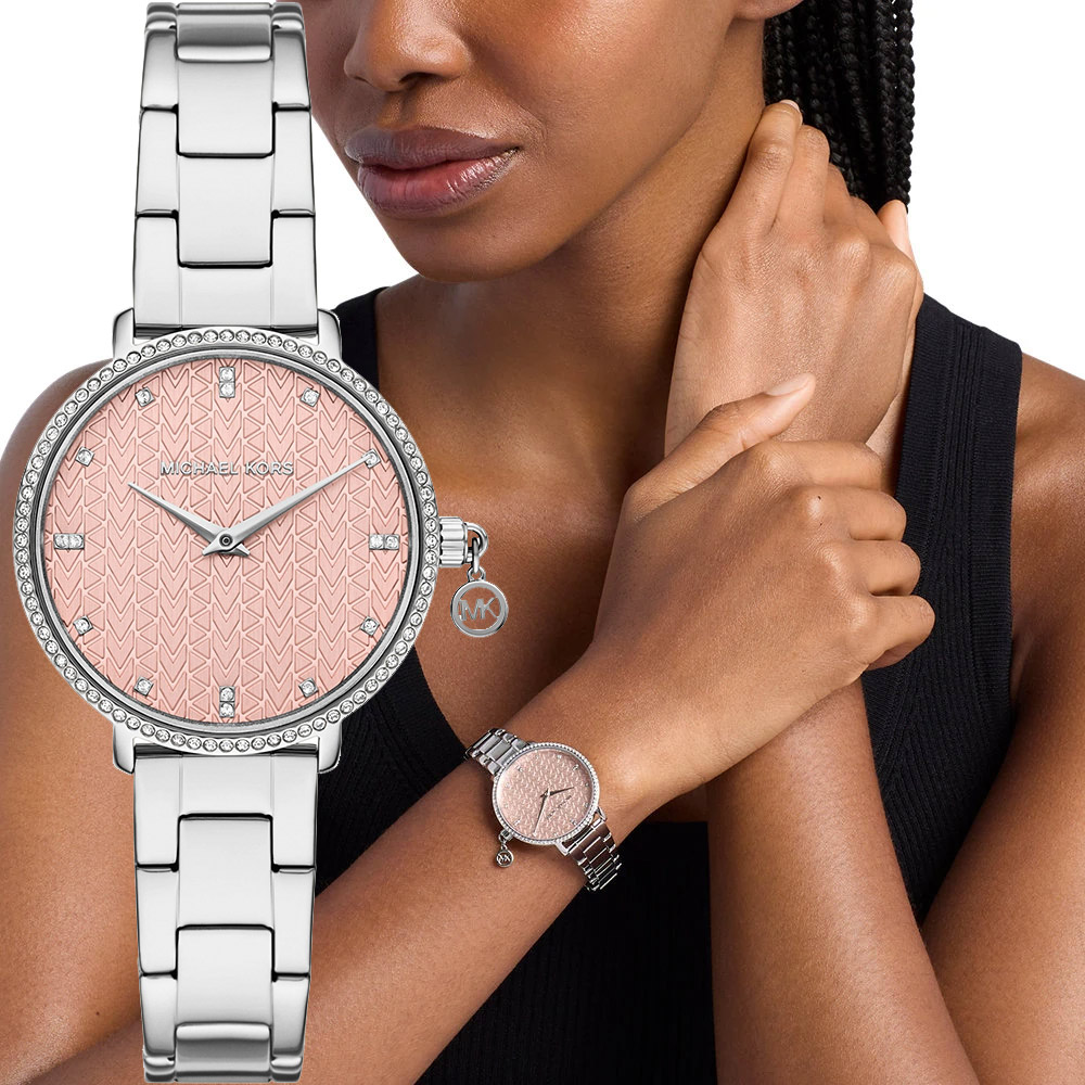 Michael Kors MK Pyper 紐約時尚晶鑽女錶-粉橘x銀/32mm MK7617