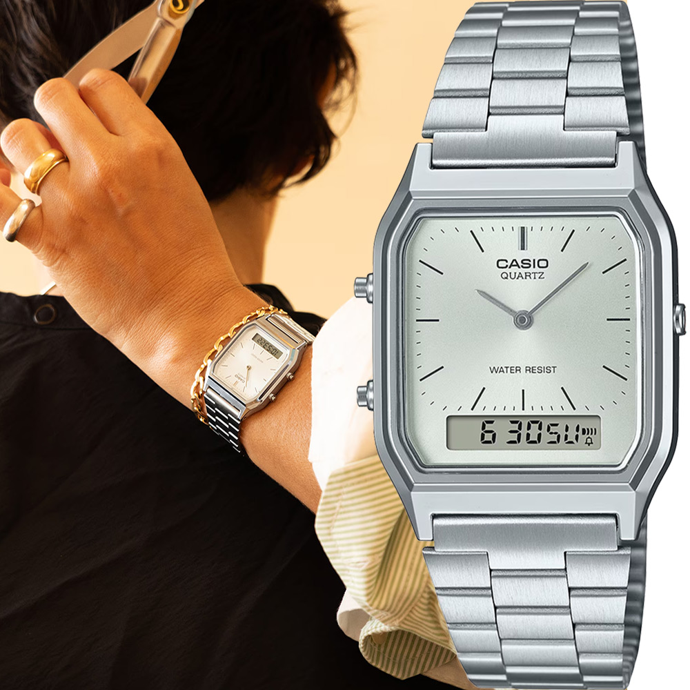 CASIO 卡西歐 學生錶 復刻方型雙顯電子指針手錶 不鏽鋼帶 AQ-230A-7AMQY