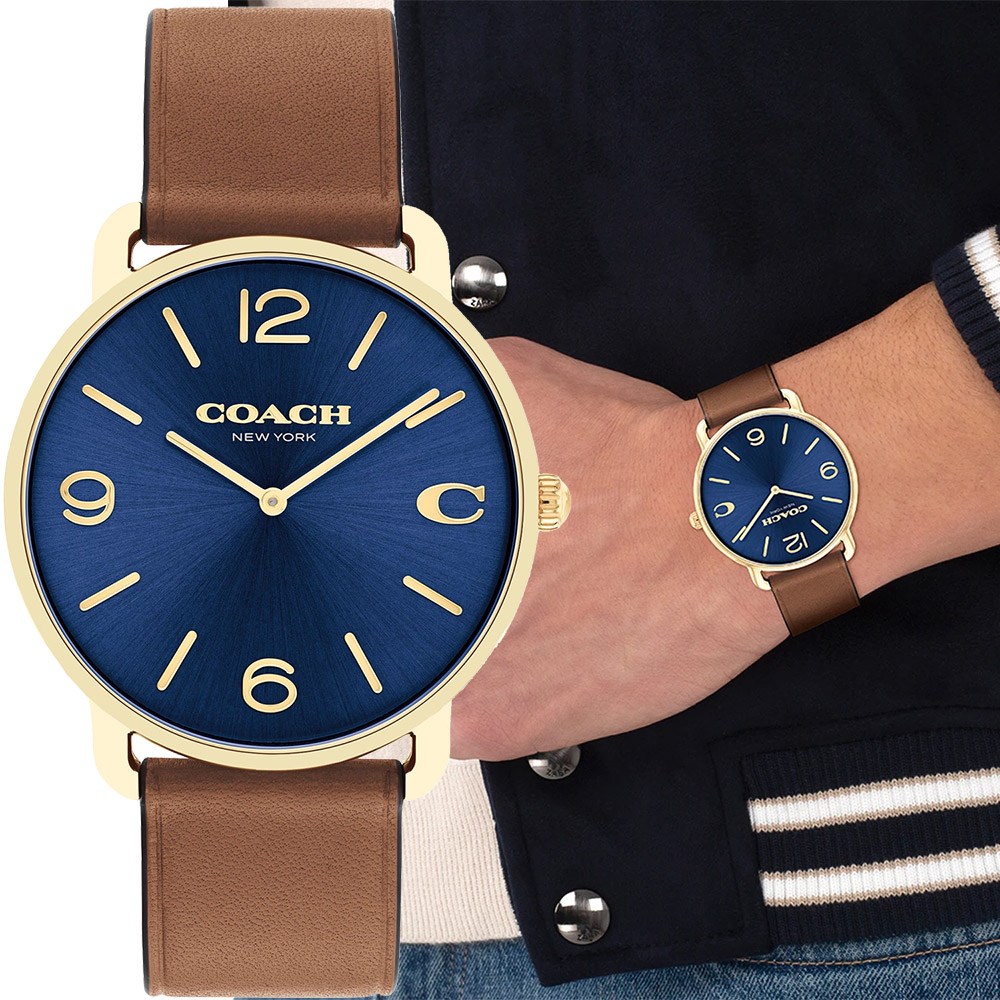 COACH 蔻馳 Elliot C字皮帶手錶男錶-藍面x咖啡/40mm CO14602644