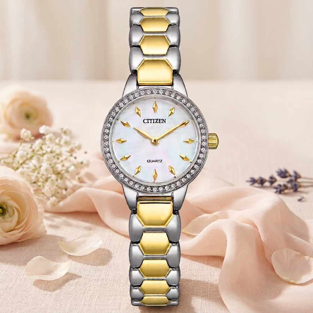 CITIZEN 星辰 LADYS 光動能 白蝶貝 時尚水晶腕錶 錶 週年慶 雙11 EZ7014-55D