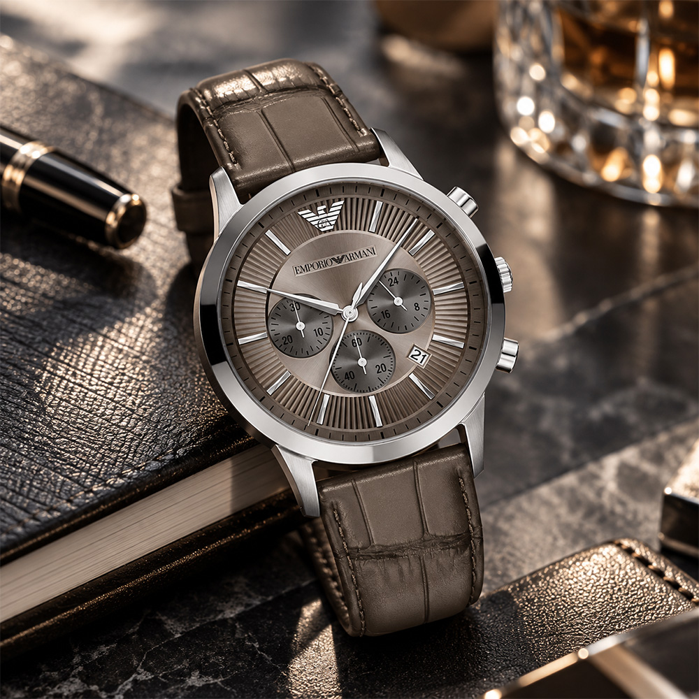 EMPORIO ARMANI 亞曼尼 AR11821 真三眼計時 日期顯示 43mm 時尚 運動 皮革腕錶