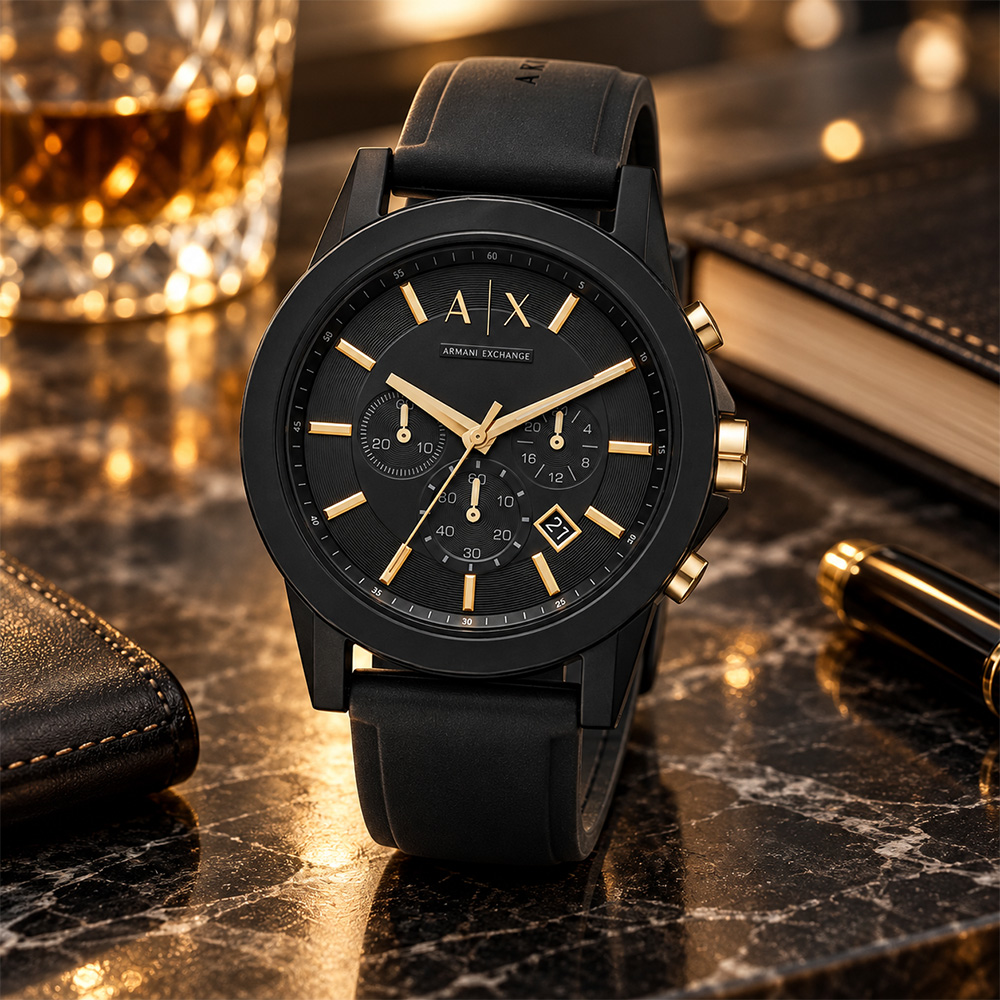 Armani Exchange 經典都會商務風格 全黑矽膠真三眼計時 時尚奢華設計 附原廠禮盒 45mm 男士腕錶