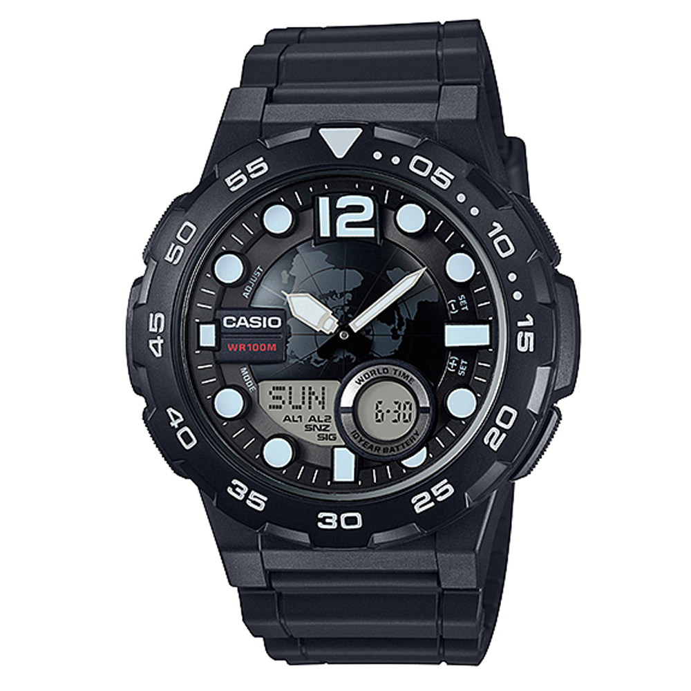 CASIO 卡西歐 悍將世界地圖玩家潛水風格雙顯運動錶(AEQ-100W-1A)-黑/47.7mm