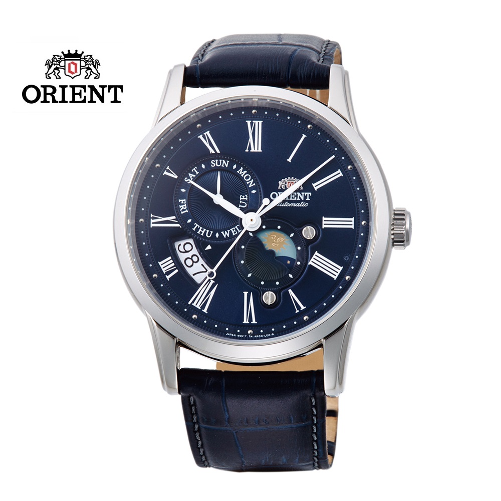 ORIENT 東方 錶 SUN&MOON系列 羅馬數字日月相錶 皮帶款 RA-AK0011D 藍色