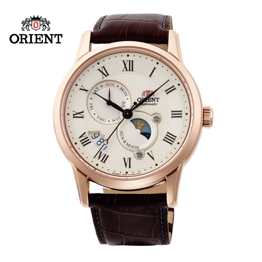 ORIENT 東方錶 SUN&MOON系列 日月相錶 皮帶款 玫瑰金 SAK00001Y-42.5 mm