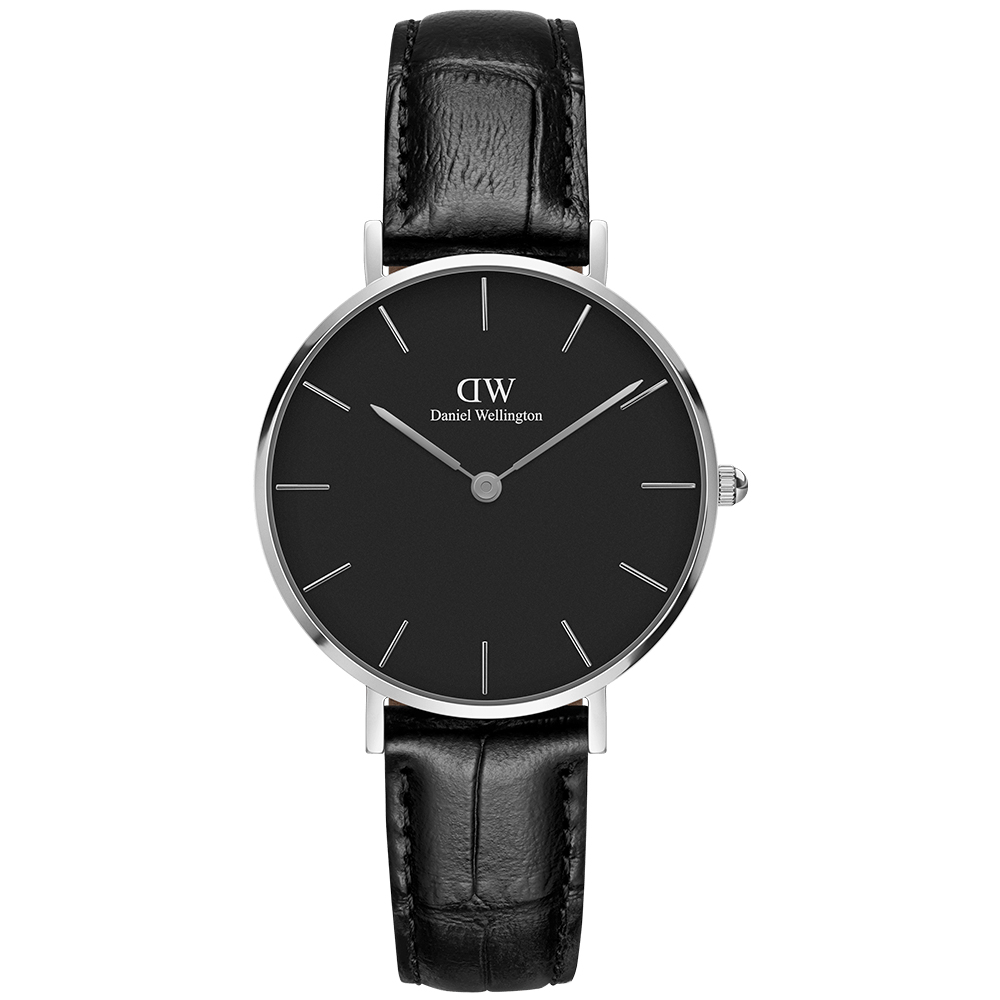 Daniel Wellington 經典雷丁黑色壓紋皮帶腕錶-銀框/32mm(DW00100179)