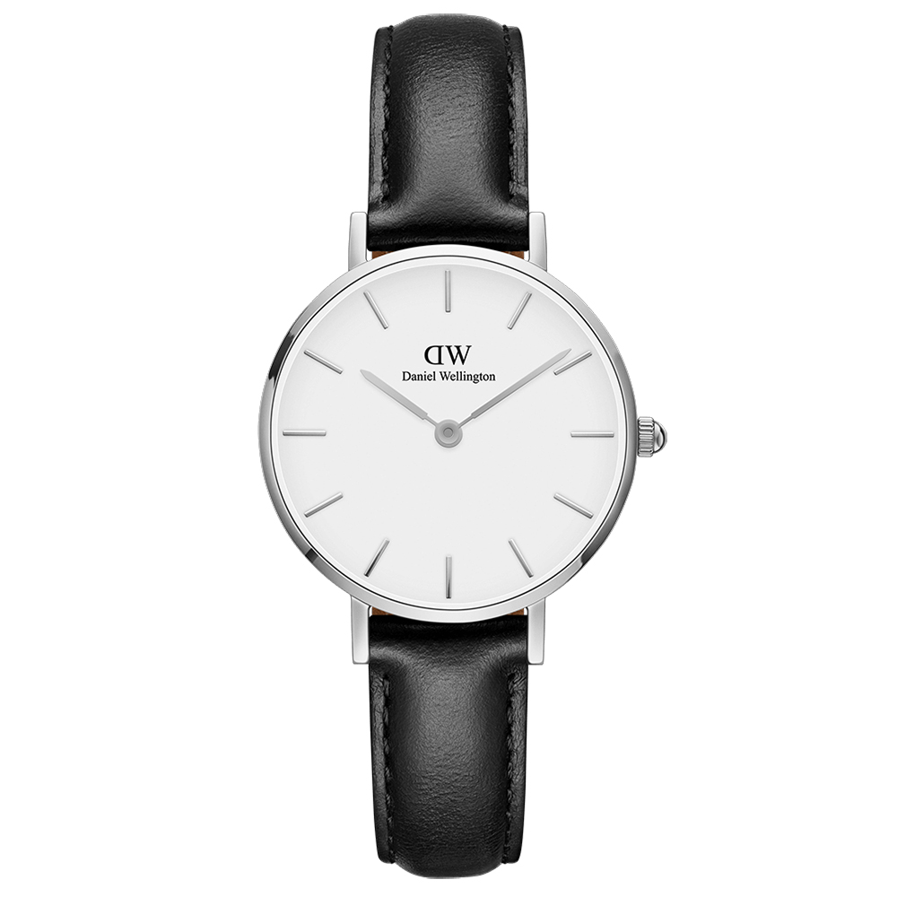 Daniel Wellington DW 浪漫雪菲爾黑色皮帶石英腕錶-銀框/28mm(DW00100242)