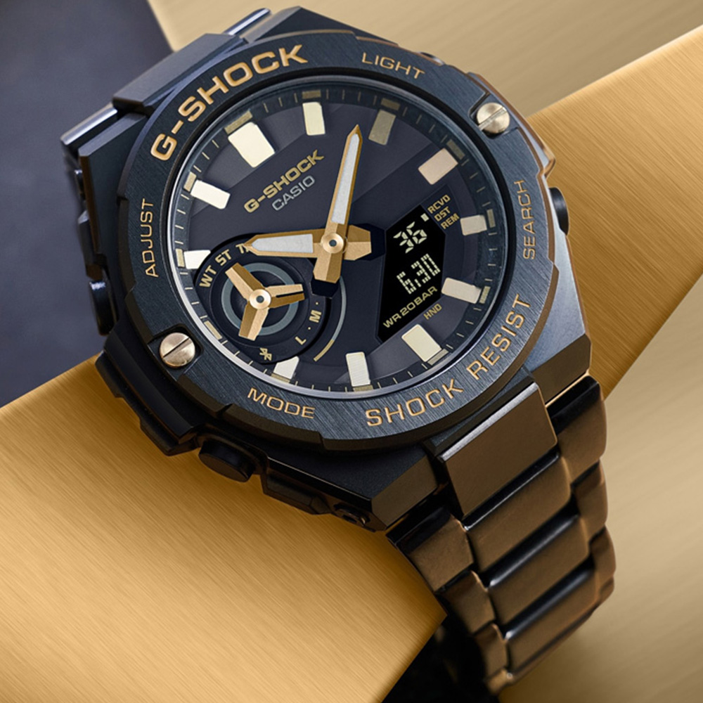 CASIO卡西歐G-SHOCK 太陽能x藍牙連線簡約黑金雙顯腕錶GST-B500BD-1A9