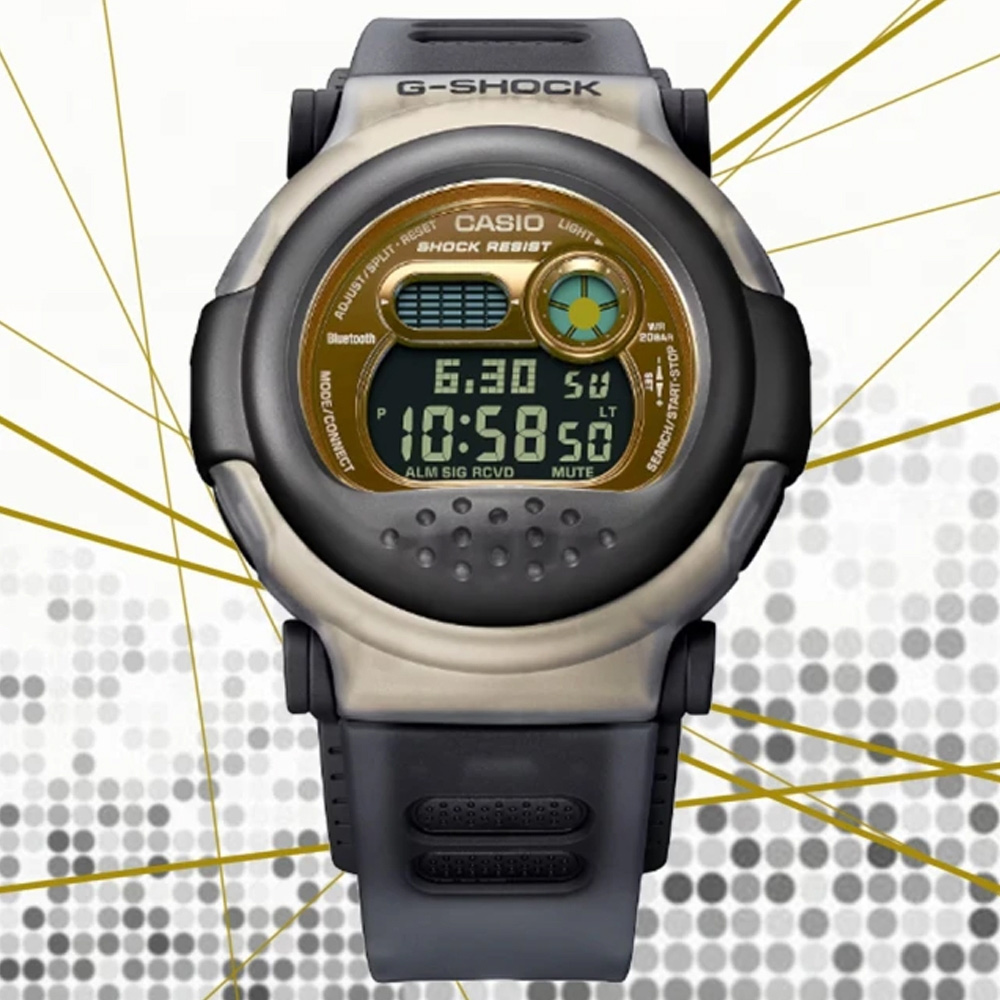CASIO 卡西歐 G-SHOCK 智慧藍芽 雙錶圈設計數位電子錶-黑金(G-B001MVB-8 防水200米)