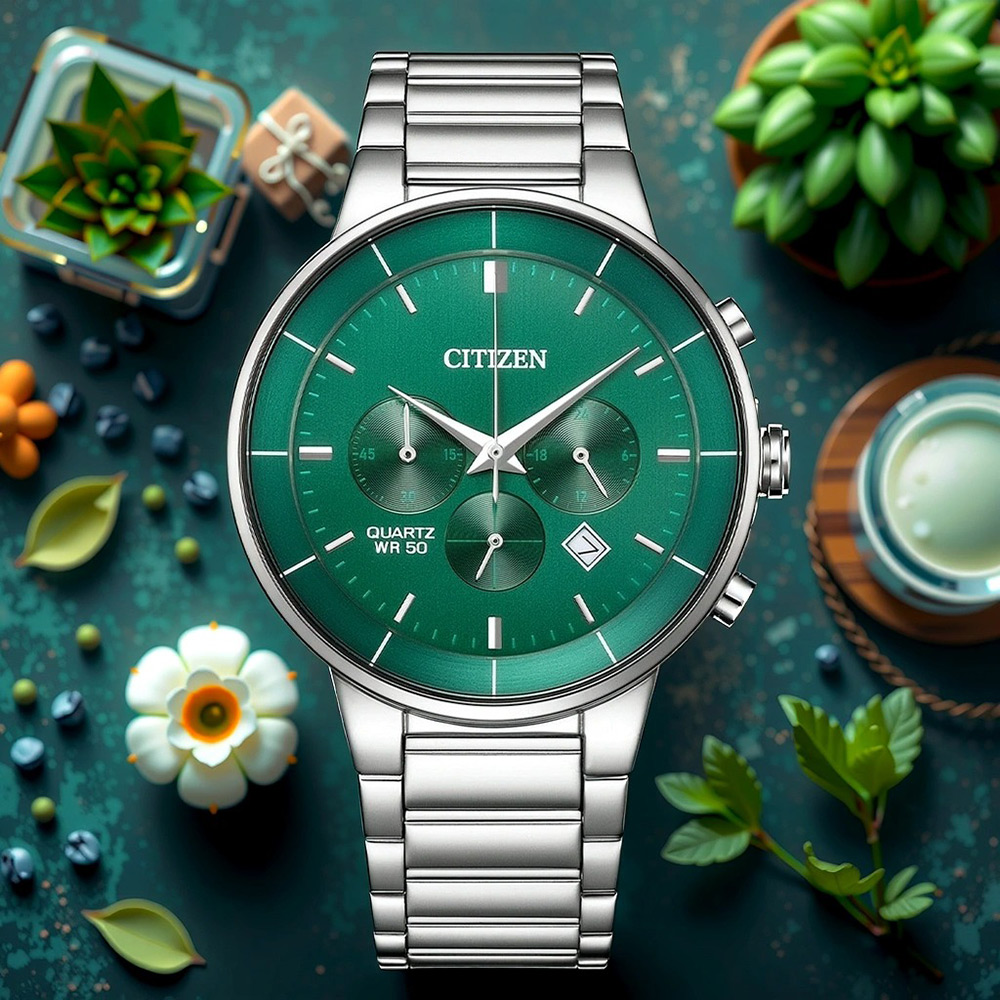 CITIZEN 星辰 Chronograph 紳男計時手錶 百貨周年慶-銀x綠/42mm AN8220-52X