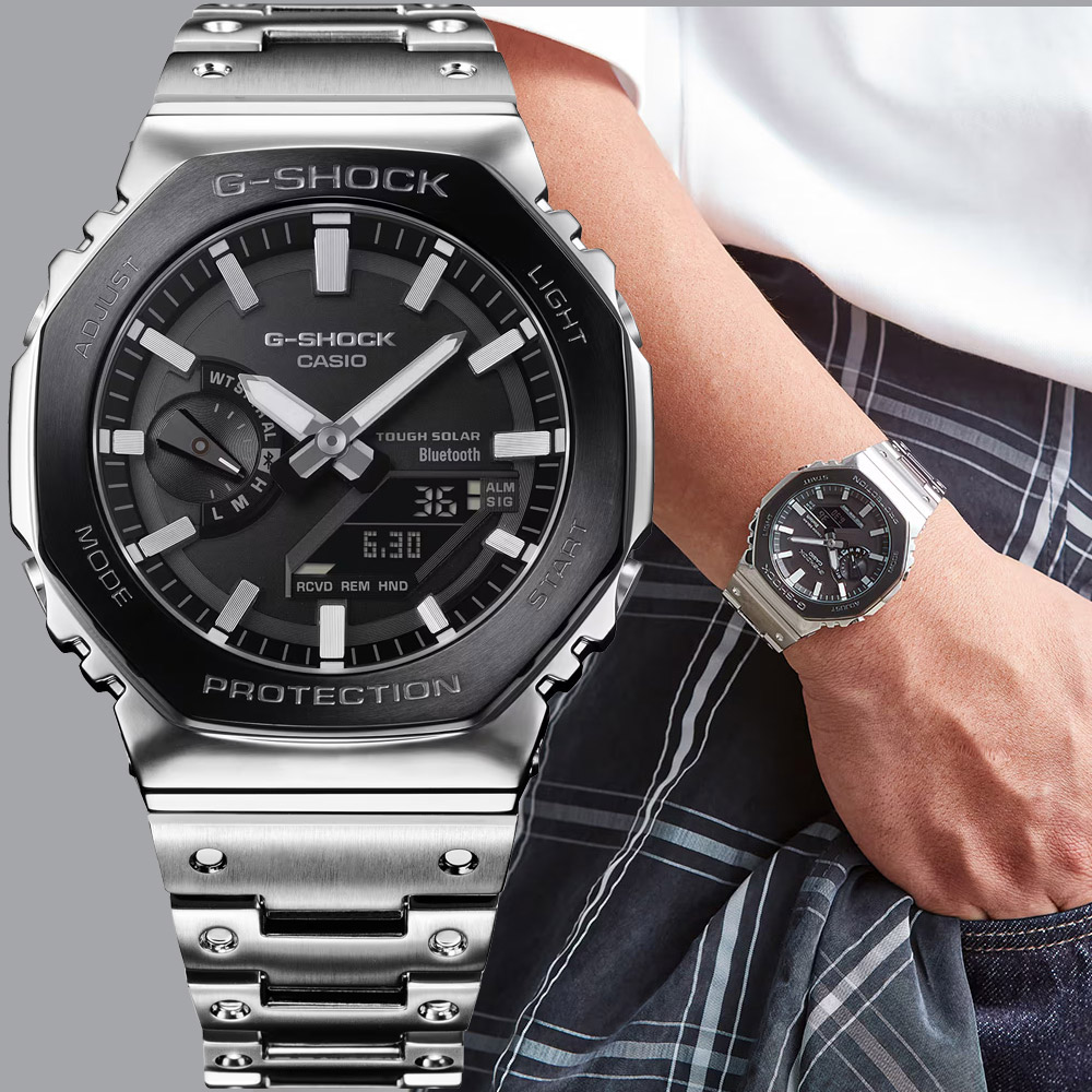 CASIO 卡西歐 G-SHOCK 全金屬太陽能藍牙雙顯錶 手錶-黑x銀 GM-B2100BT-1A