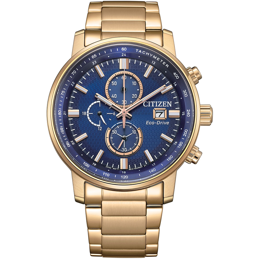 CITIZEN 星辰 情人節推薦款光動能三眼計時錶/藍X玫瑰金/43mm/CA0843-89L
