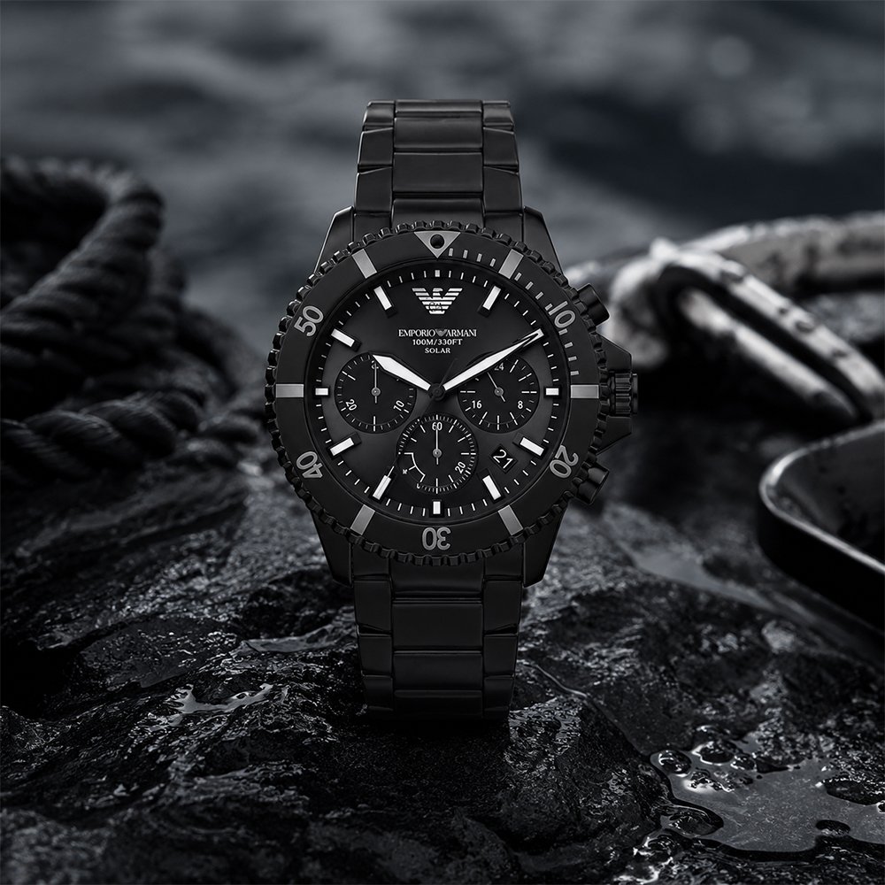 EMPORIO ARMANI AR11784 男錶 水鬼款 真三眼計時 太陽能機芯 43mm 不鏽鋼鍊帶 低調 手錶