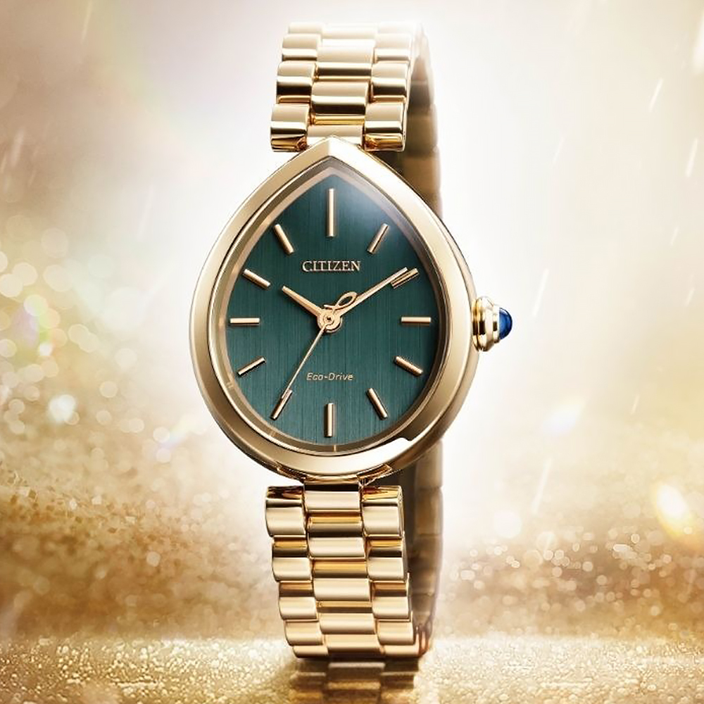 CITIZEN 星辰 L系列 RAINELL雨漾光動能水滴形腕錶/綠X玫瑰金/26.2mm/EM1203-57X