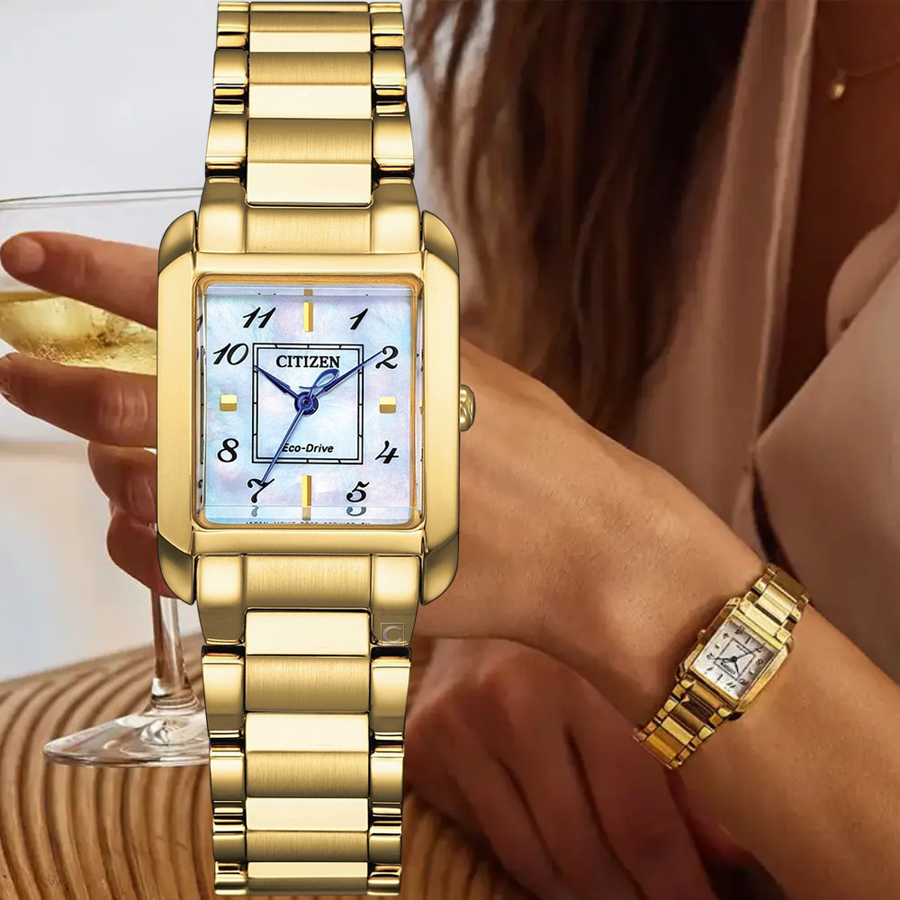 CITIZEN 星辰 L系列 法式藝術字藍鋼針方型不鏽鋼手錶女錶-EW5602-81D