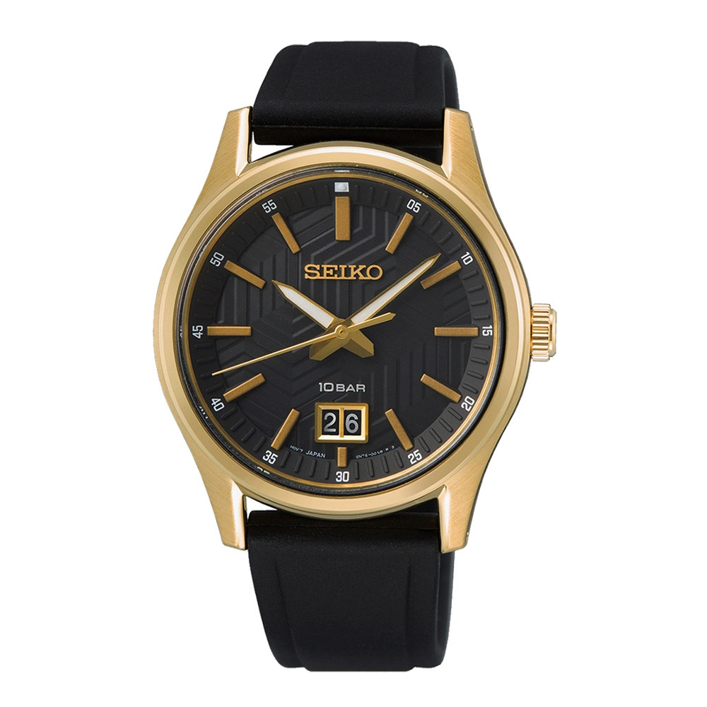 SEIKO 精工 質感刻紋時尚矽膠腕錶-黑X金-SUR560P1