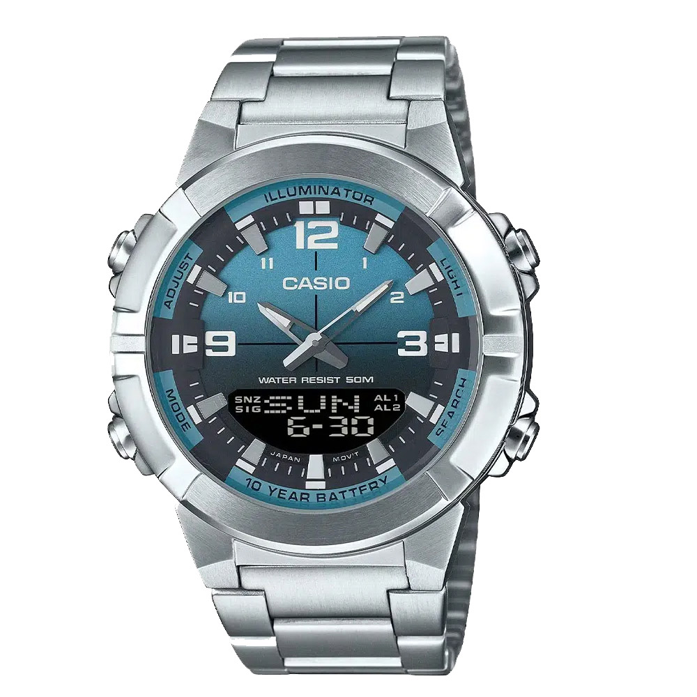 CASIO 卡西歐 十年電力數位雙顯鋼帶男錶 AMW-870DA-2A2